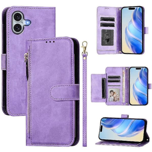 Flip-etui til iPhone 16 Plus kortholder lynlås PU-læder magnetisk lilla