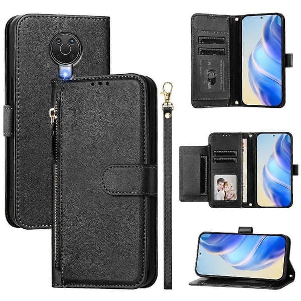 Flip-etui til Nokia G10 lynlås PU-læder magnetisk kortholder sort