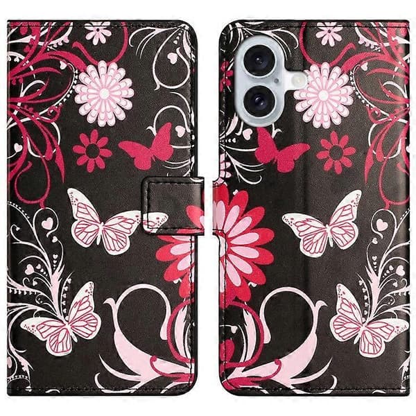 Kompatibel med iPhone 16 Plus Plånboksfodral Mönstertryck PU-läder Flip Telefonfodral Svart