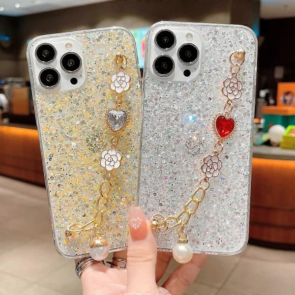 Glitter Epoxy TPU-fodral för iPhone 15 Pro Max Stötsäkert telefonfodral med armband A