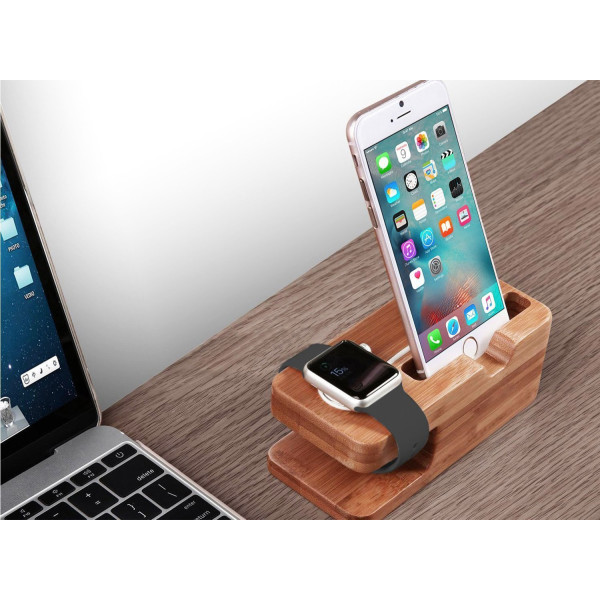 Apple Watch Stand, Bamboo Wood Laddningsställ Fäste Dockningsstation Vagghållare för IPhone X 8 7 6 Plus 5 5c och Apple Watch (Ljusbrun)