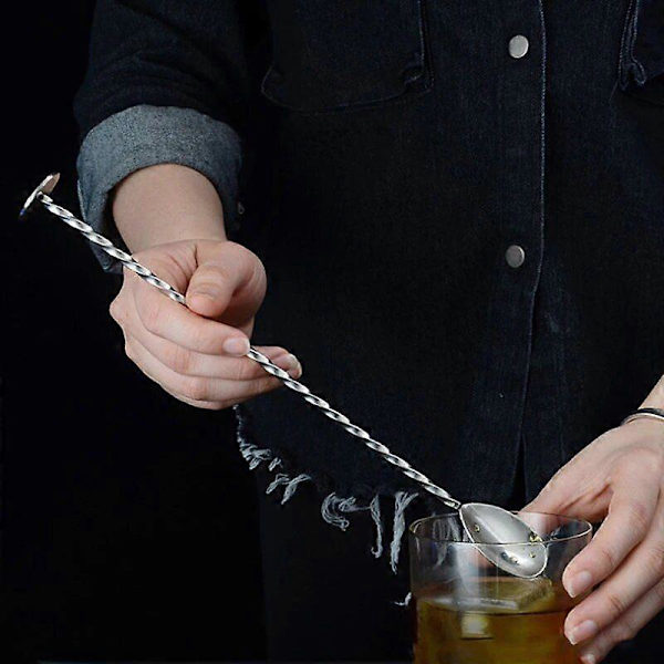 Røreske i rustfrit stål, bar, spiralmønster, drinkshaker, muddler, rørepind, dobbelt