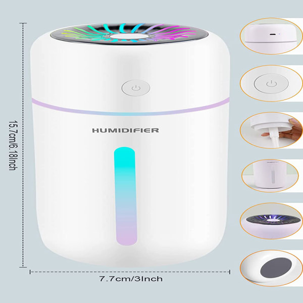 Mini luftfuktare 300ml, luftfuktare uppladdningsbar med 1200 mAh batteri, automatisk avstängning och nattljusfunktion, för bil/kontor/sovrum