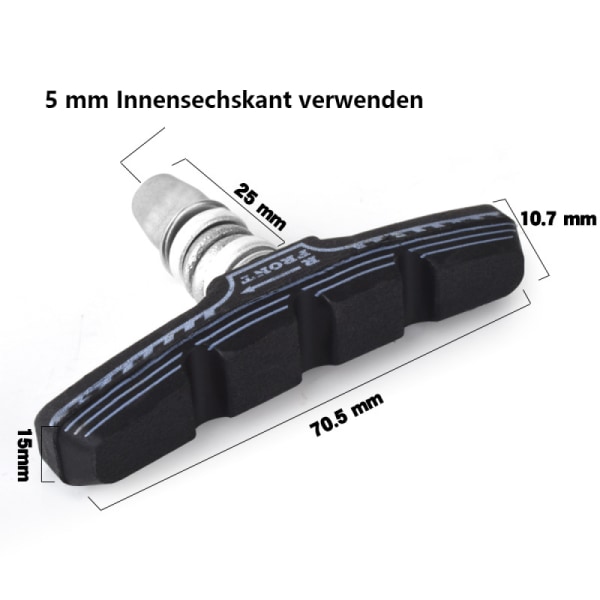 P4B | Bromsbelägg för V-broms - 70 mm | Modell PM25 | Cykelbromsbelägg med bultar, symmetriska gängor och fästmaterial