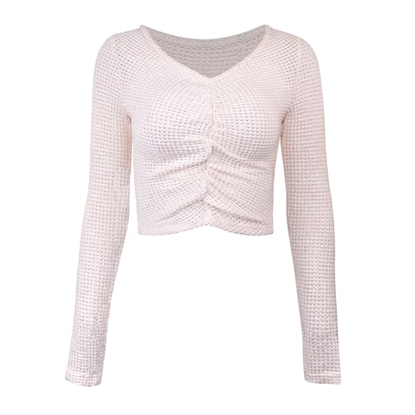 Sexiga texturerade Crop Tops Långärmade Ruched Slim Fit T-shirts