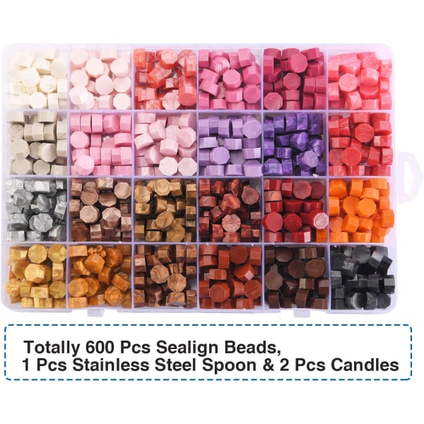 600 st tätningsvaxpärlor packade i plastlåda, 24 färger Octago