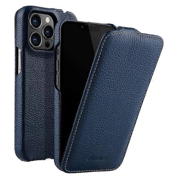 MELKCO För iPhone 14 Pro Litchi Textur Telefonfodral Äkta Kohud PC Vertikalt Flipskydd (Mörkblå, Mörkblå)