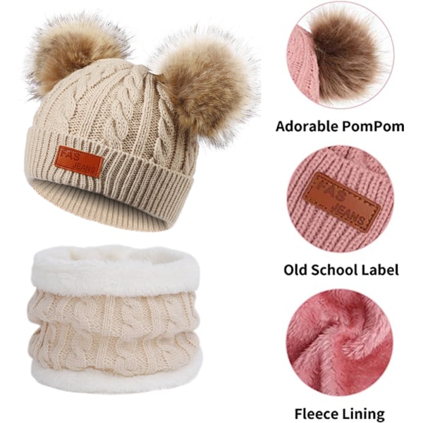 Toddler Hat， Färg Vinter Dubbel Pom Pom Stickad Mössa och Samma