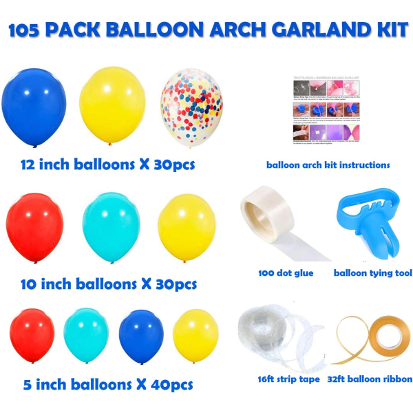 105 Pakke Rød Blå Gul Latex Balloner og Regnbue Multicolor