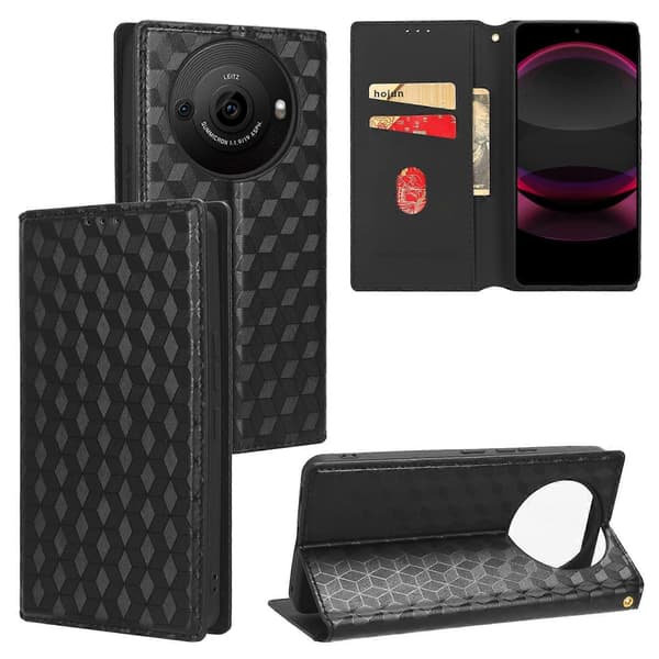 Cubic Grid Texture Flip Leather Phone Case (svart, for Sharp Aquos R8 Pro / Leica Leitz Phone 3)