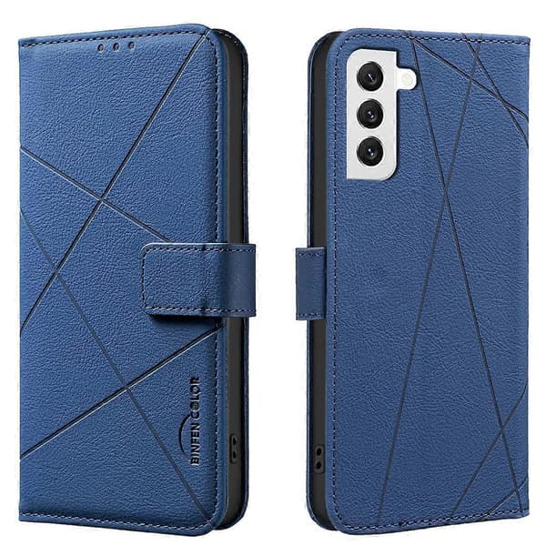 Geometriskt mönster RFID Läder Telefonfodral (Blå, För Samsung Galaxy S21 FE 5G)