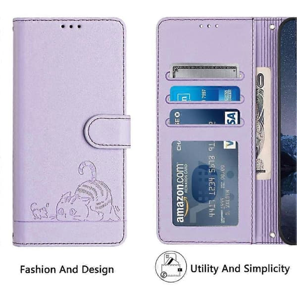 Etui til iPhone 15 Plus kortholder støtteben kat RFID pung flip cover lilla