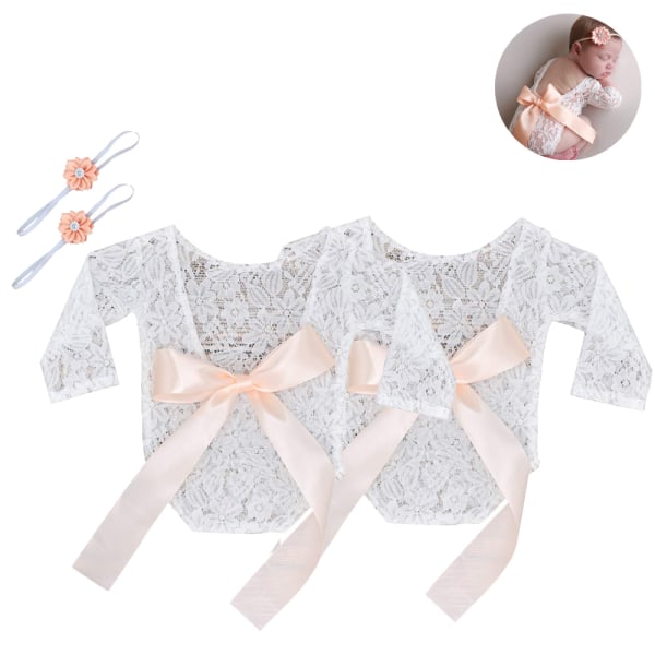 Newborn Baby Lace Rompers Photography Props with Bow Headdress S