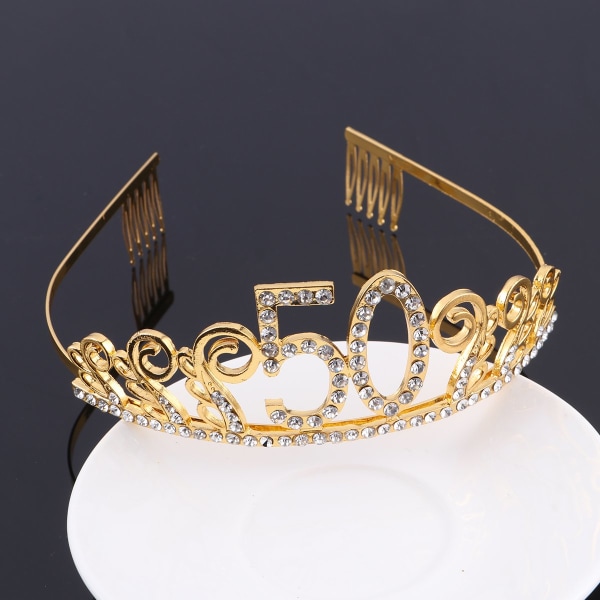 Guld Rhinestone 50-års fødselsdag tiara krone med kam, 50th