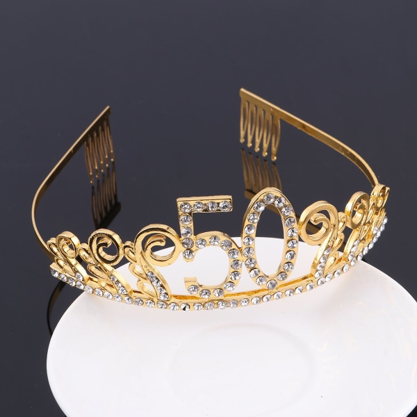 Guld Rhinestone 50-årsdag Tiara Crown med kam, 50:e