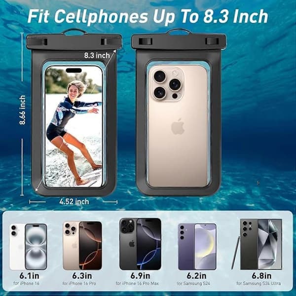 1/2/4 Vandtæt etui pose mobiltelefon tørpose kompatibel med iPhone 17 16 15 14 13Pro Max Plus Sort | Universal, op til 8,3\", krydstogtskib, kajak, strand A