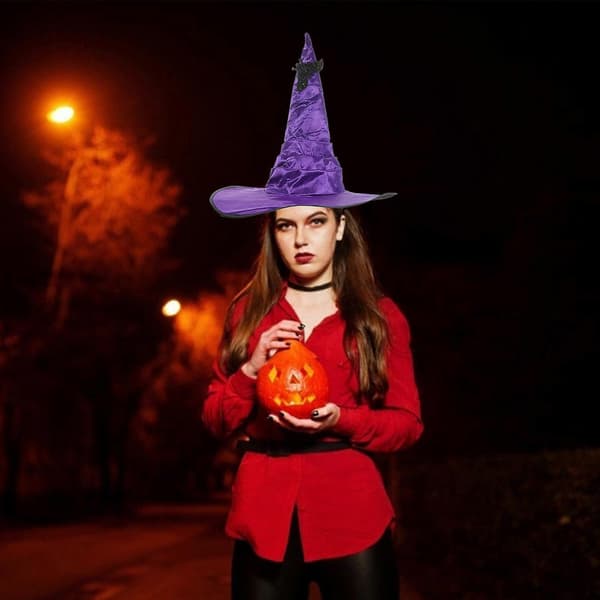 Lilla heksehue i stof til Halloween Cosplay og fest A