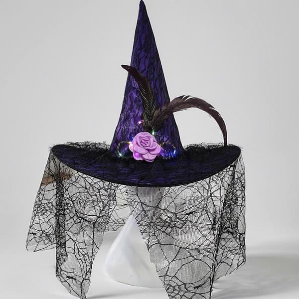Lysende heksehat Halloween kostumetilbehør til Halloweenfest Slør Fjerhat Elegant hovedbeklædning til maskerade Sort A