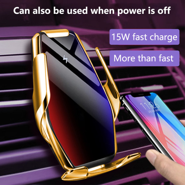 Tyrant Gold -langaton autolaturi, 15 W:n pikalataava autokiinnityslaturi, joka kiinnittyy automaattisesti ilmanpoistoaukkoihin, yhteensopiva IPhone 11Pro/Max/XR/11/X/8 -puhelimen kanssa,