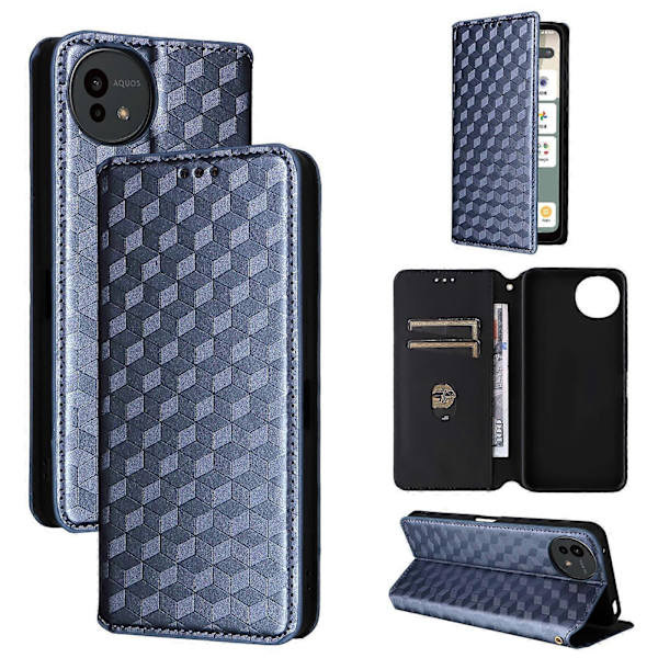 Cubic Grid Texture Flip Læder Telefoncover (Blå, Til Sharp Aquos wish5)