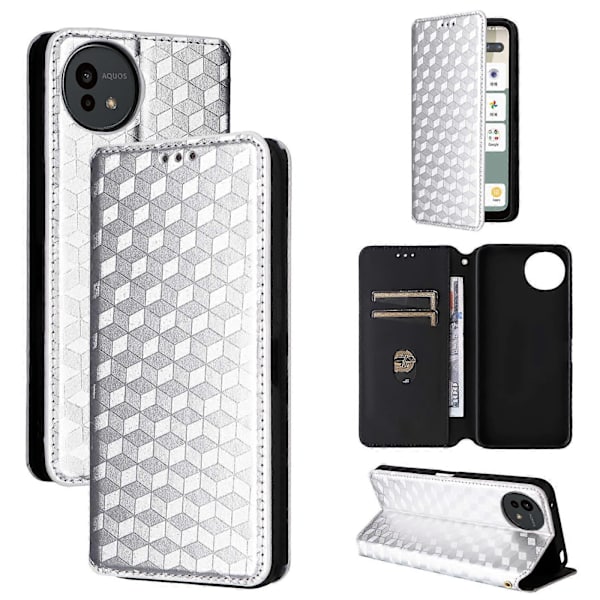 Cubic Grid Texture Flip Leather Phone Case (sølv, for Sharp Aquos wish5)