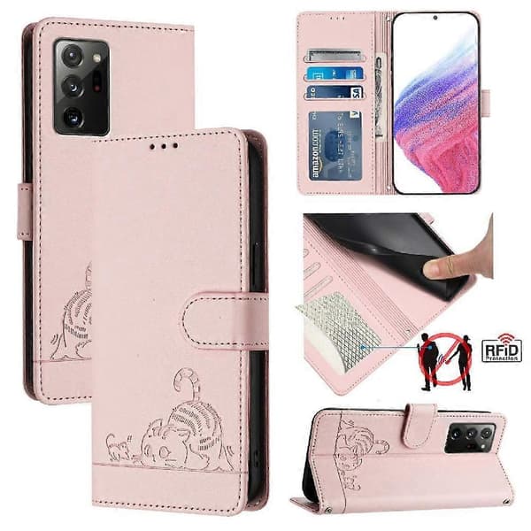 Fodral för Samsung Galaxy Note 20 Kortplats Hållare Stöd Plånbok Flipskydd Katt RFID Rosa