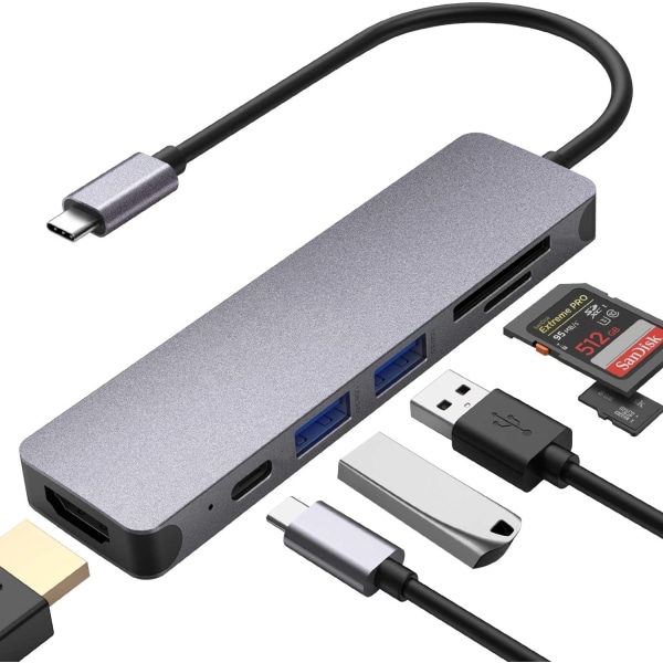 USB C Hub 6-IN-1 Typ C Hub med 100 W PD- power , 4K UHD