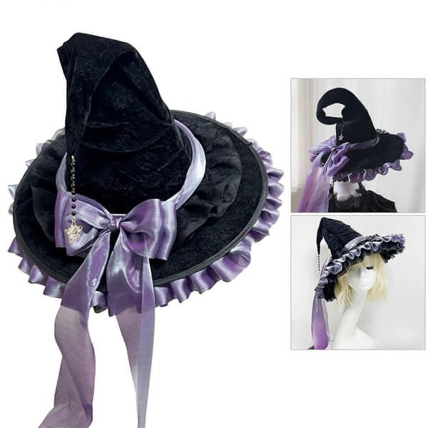 Halloween Troldmandshat Stor Sort Heksehat Sløjfe Heksehætter Mode Spids Hat Halloween Cosplay Kostumer Lilla sort A