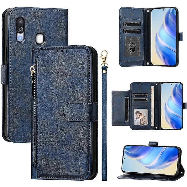 Flip-etui til Samsung Galaxy A40 kortholder PU-læder magnetisk lynlås blå