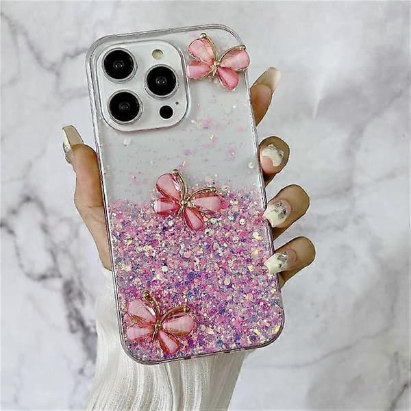 Kompatibel med iPhone 15 Pro etui Lysende Stødsikkert Epoxy TPU Telefoncover 3D Sommerfugle A