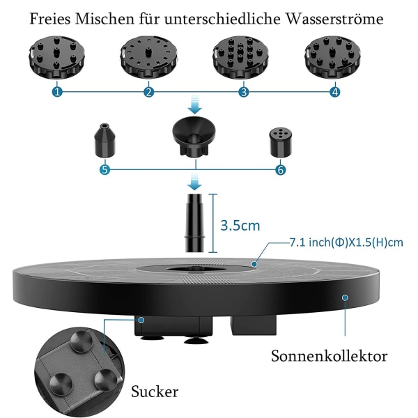 2,5W solcelledrevet fontenepumpe flytende fontene med 6 dyser