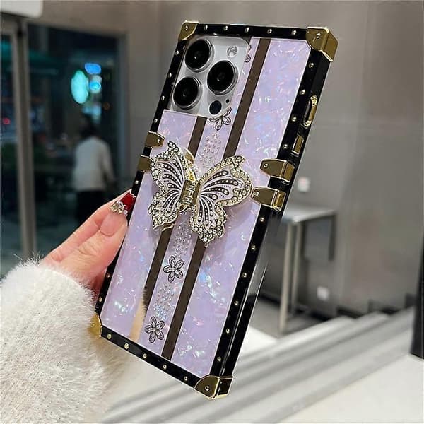 Kompatibel med iPhone 16 Pro Max-deksel TPU + PC galvanisert sommerfugl-stativ telefondeksel A