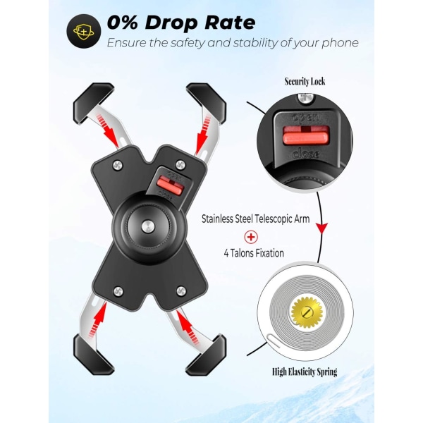 Mobiltelefonholder til cykel, rustfrit stål mobiltelefonholder til motorcykel, 360 ° roterbar universel udendørs mobiltelefon cykelholder til smartphone