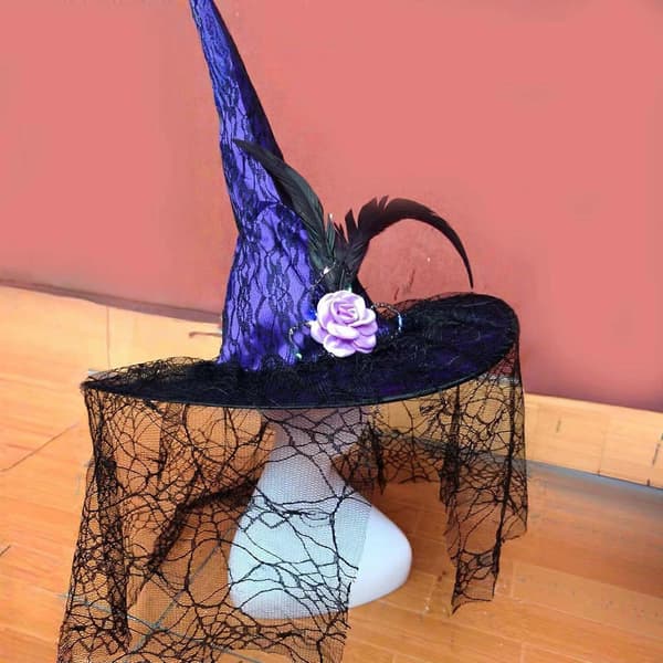 Lysende heksehatt Halloween Kostyme Tilbehør for Halloweenfest Slør Fjærhatt Elegant Hodeplagg for Maskerade Lilla A