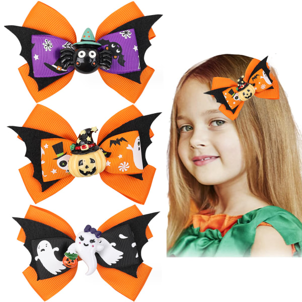Halloween Bat Hair Bow Clips med Little Ghost, Pumpa, Little