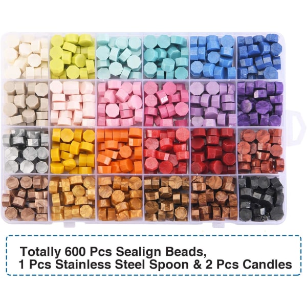 600 stk forseglingsvoksperler pakket i plastboks, 24 farger Octago