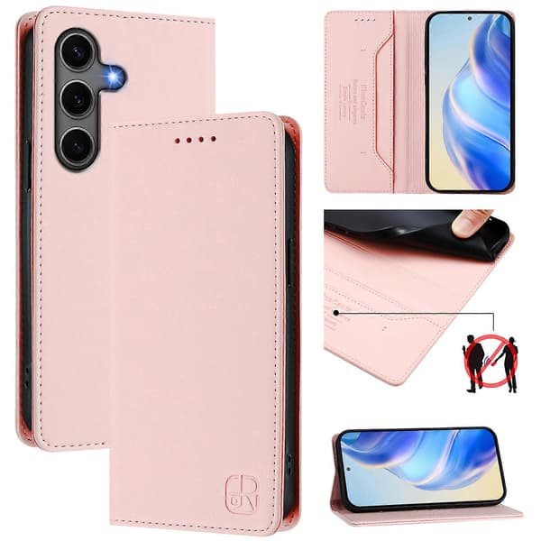 Kompatibel med Samsung Galaxy S24+ / Galaxy S25+ RINACASIS RC01 Läderfodral RFID Plånboksstativ Magnetisk Stängning Stötsäker Rosa