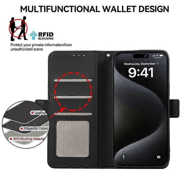 ABEEL Kompatibel med iPhone 16 Stativfodral RFID-blockerande Läderplånboksfodral Svart