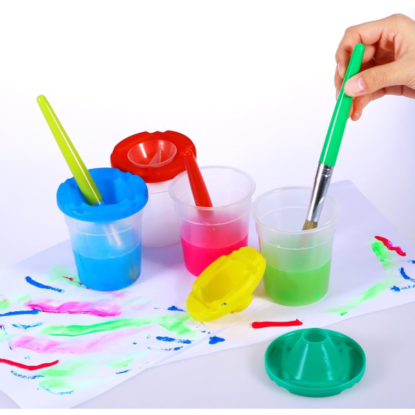 4 kpl No Spill Paint Cups värillisillä kansilla ja 4 kpl maalauksia