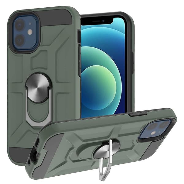 Etui til iPhone 12 6,1 tommer roterende ringstativ stødsikker slagbeskyttelse - grøn A