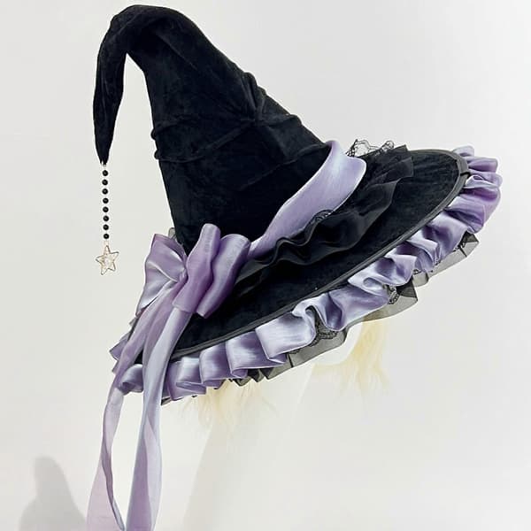 Halloween Troldmandshat Stor Sort Heksehat Sløjfe Heksehætter Mode Spids Hat Halloween Cosplay Kostumer Lilla sort A