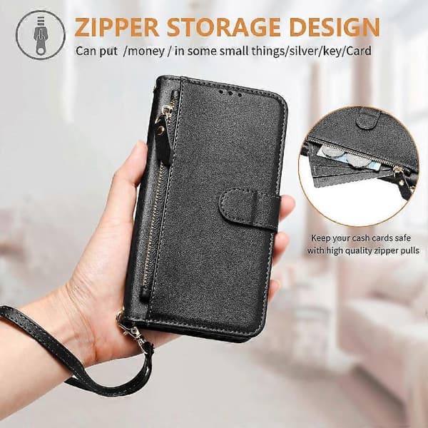 Flip-etui til Samsung Galaxy A10S lynlås kortholder PU læder magnetisk sort