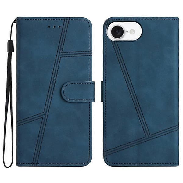 Kompatibel med iPhone 16e-deksel Flip Leather Retro telefondeksel med pregede linjer, blå
