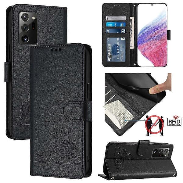 Etui til Samsung Galaxy Note 20 Kortholder Kickstand Pung Flip Cover Kat RFID Sort