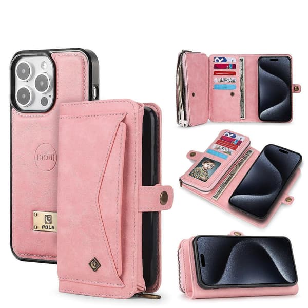Fodral för iPhone 13 Rosa Multifunktionell Trefaldig Plånbok Universal Läder Bil Magnetisk Sug No9409