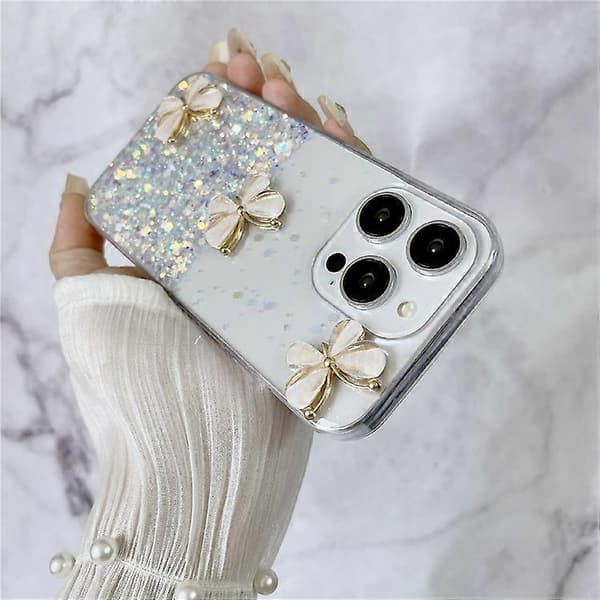 Kompatibel med iPhone 15 Pro etui Lysende Stødsikkert Epoxy TPU Telefoncover 3D Sommerfugle A