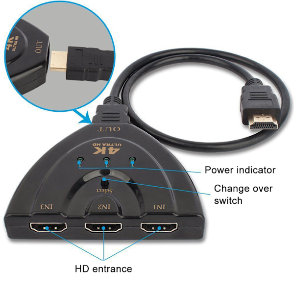 HDMI-switch, 3 portar 4K HDMI-switch 3x1 switchsplitter med pigtail-kabel stöder Full HD 4K 1080P