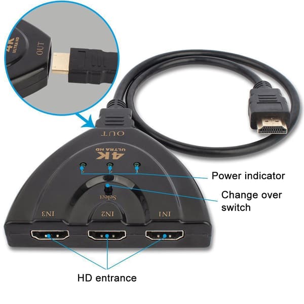 HDMI-switch, 3-ports 4K HDMI-switch 3x1 switch-splitter med pigtail-kabel understøtter Full HD 4K 1080P