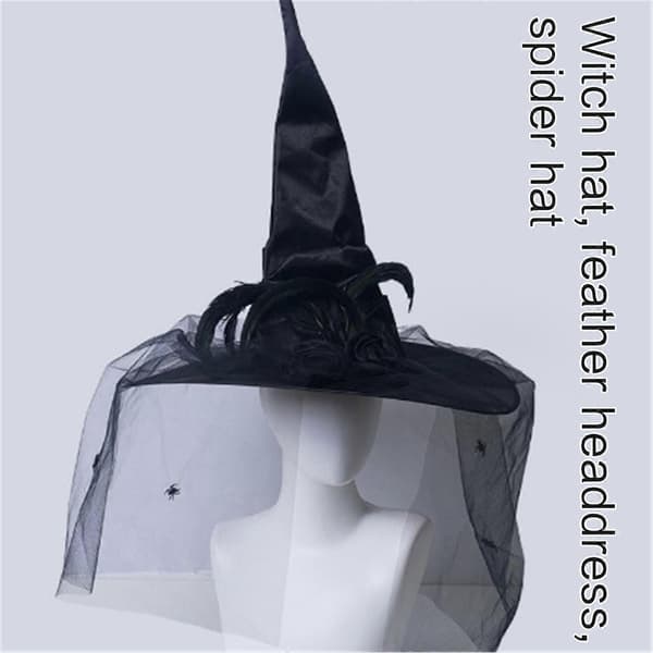 Halloween Dame Heksehat Bred Kant Spids Hat Fest Maskeradehat Med Edderkopper og Krøllet Tilbehør Sort A
