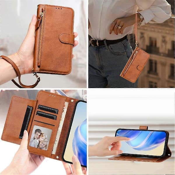 Flip-etui til Nokia G10 lynlås PU-læder magnetisk kortholder brun